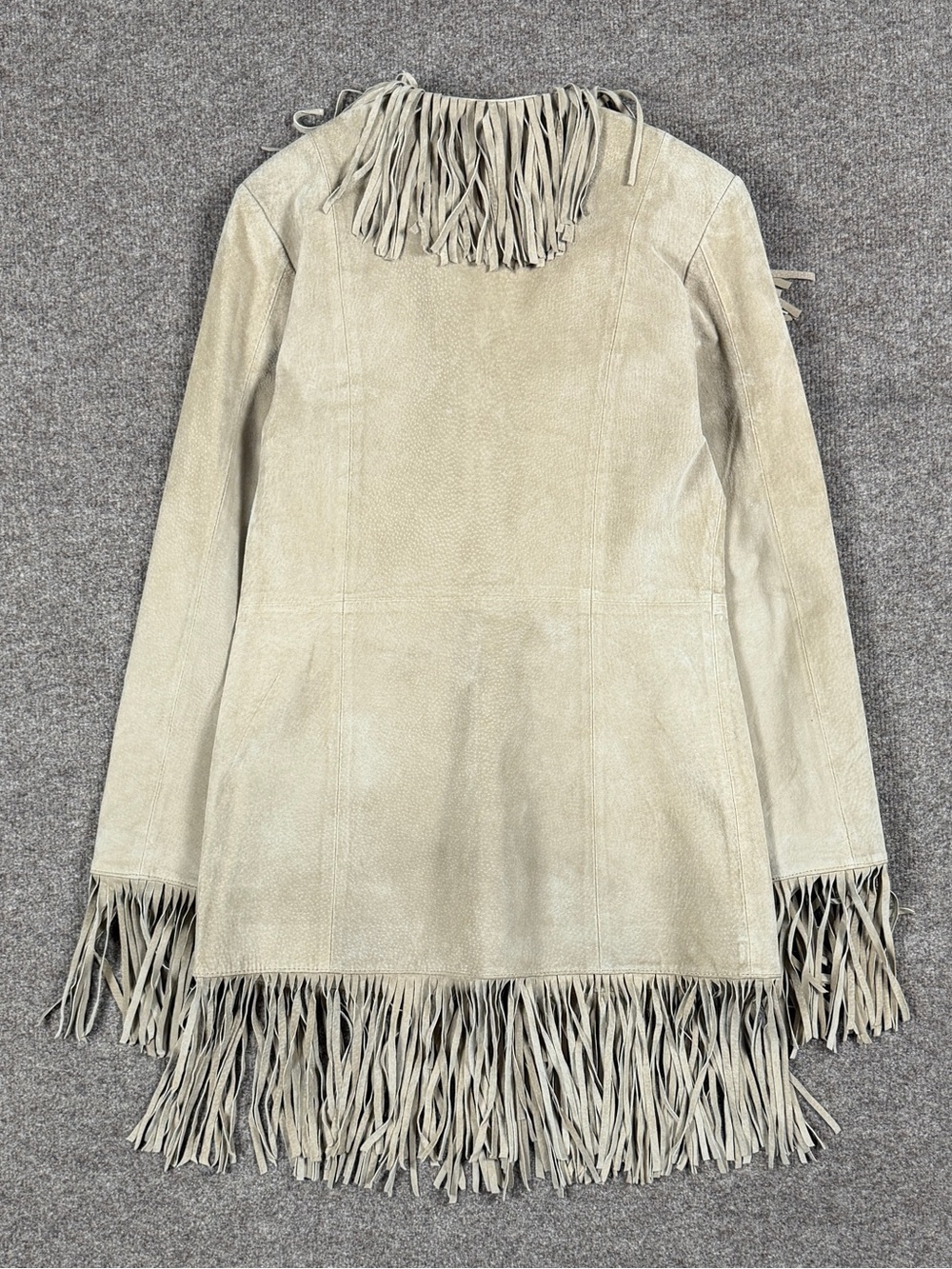 Vintage Wilsons Tan Suede Leather Mid Length Fringe Trim Jacket Women’s Small - Picture 4 of 12